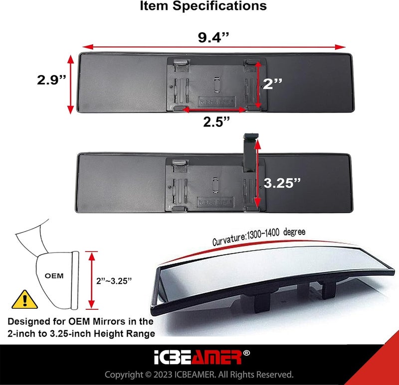 ICBEAMER 9.4" 240mm Easy Clip on Wide Angle Panoramic Blind Spot Fit Auto Interior Rear view Mirror Convex Clear Surface - Image 5