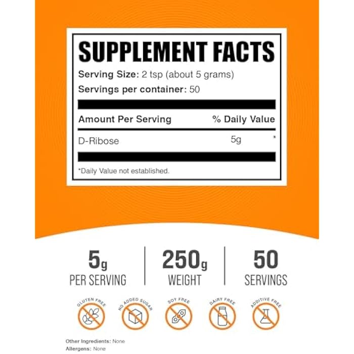 BulkSupplements مسحوق دي-ريبوز من بولك سابليمنتس - مكمل دي-ريبوز لدعم الطاقة - بدون نكهة وخالي من الجلوتين، 5 جرام لكل حصة، 250 جرام (8.8 أونصة) (عبوة واحدة) - Image 2