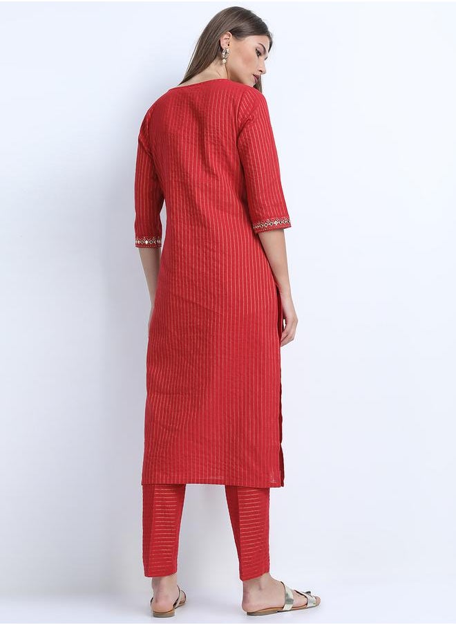 Vishudh Women Cotton Striped Kurta with Trousers by Styli  - Image 3