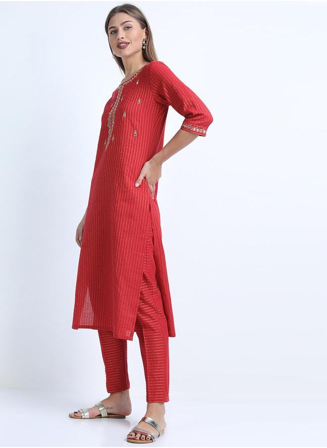 Vishudh Women Cotton Striped Kurta with Trousers by Styli  - Image 2