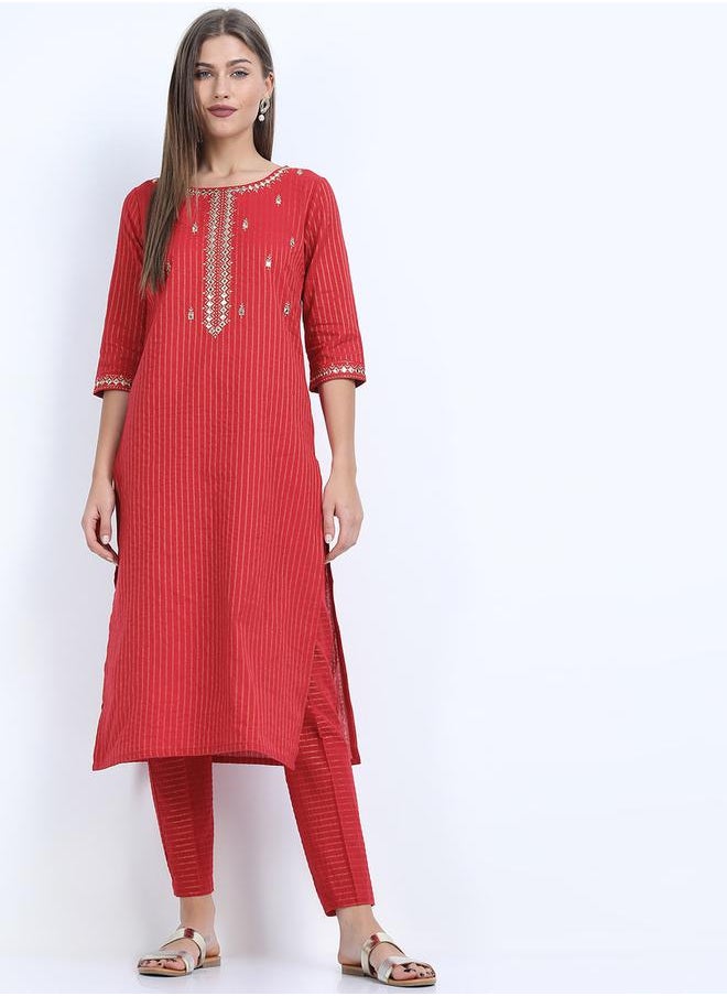 Vishudh Women Cotton Striped Kurta with Trousers by Styli  - Image 1