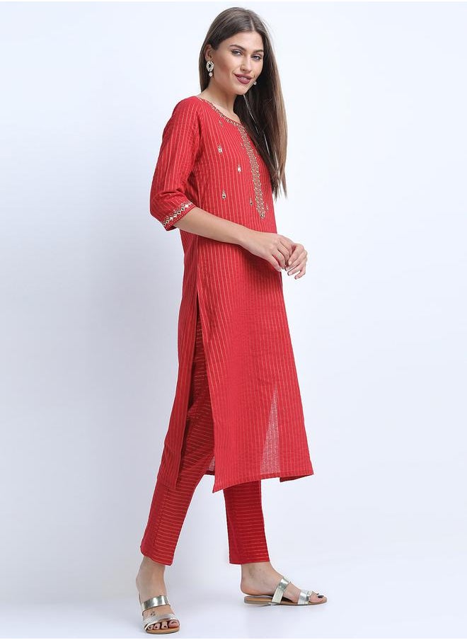 Vishudh Women Cotton Striped Kurta with Trousers by Styli  - Image 5