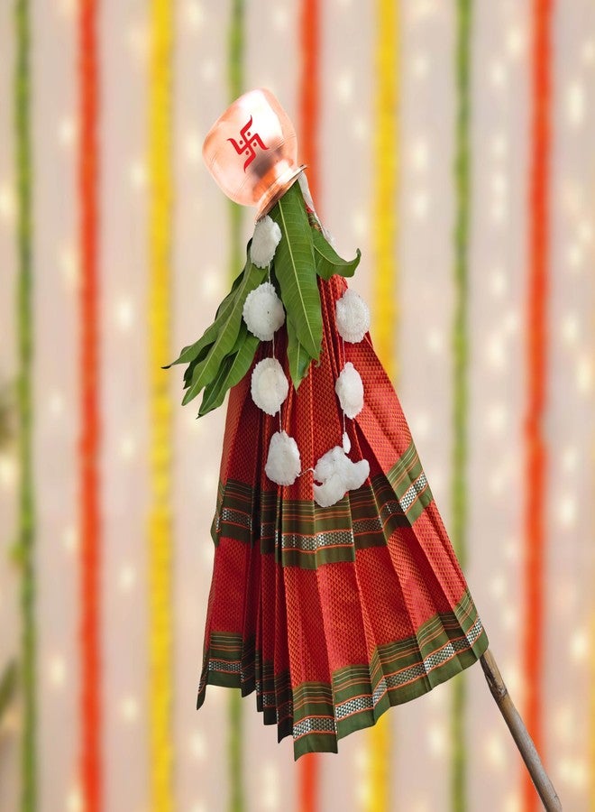PUNYATVA Gudhi Vastra لمهرجان Gudhi Padwa (طبقة خون مزدوجة، حدود برتقالية خضراء) | غطاء ساري تقليدي من ماهاراشترا جودي لغودي بادفا | ديكور GudhiPadawa الجاهز لديكور بوجا - Image 1