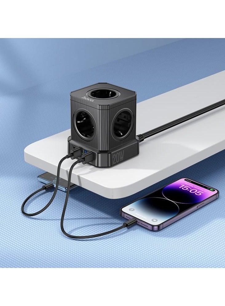 hoco NS8 PD20W Type-C+3USB Ports with 5 Socket Desktop Charger Cable Length: 2m, EU Plug - Image 4