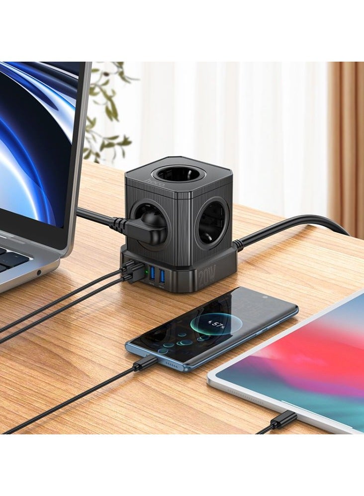 hoco NS8 PD20W Type-C+3USB Ports with 5 Socket Desktop Charger Cable Length: 2m, EU Plug - Image 5
