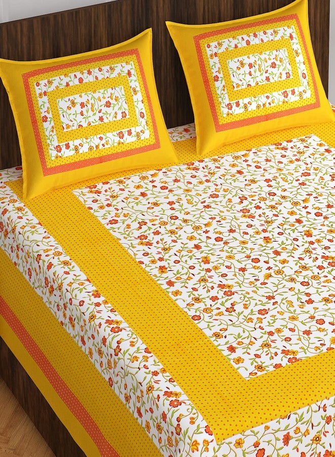 BedZone Cotton Rajasthani Jaipuri Traditional Floral King Size Double Bed Bedsheet with 2 Pillow Covers (Yellow) - Image 1