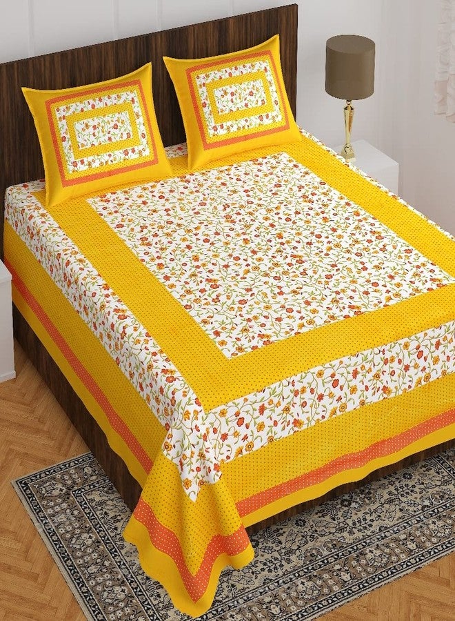 BedZone Cotton Rajasthani Jaipuri Traditional Floral King Size Double Bed Bedsheet with 2 Pillow Covers (Yellow) - Image 2