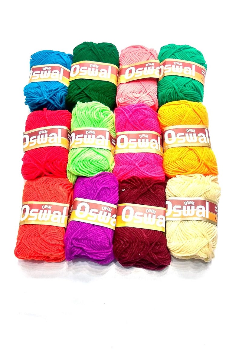 MK Oswal Wool Ball Knitting Yarn, Crochet Yarn, Craft Wool Yarn Mix- Colour Pack of 12 Pc {Colors May Vary as per Stock} (12) - Image 1