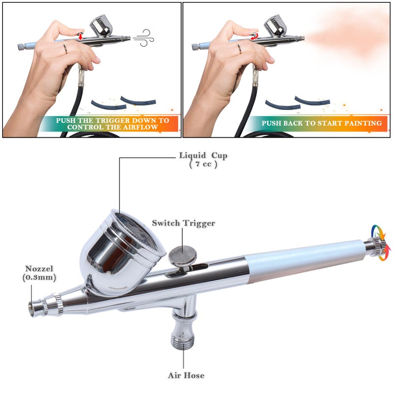 Orcair طقم رش هواء أوركاير القوي 40PSI مع خرج قابل للتعديل، مجموعة ضاغط رش هواء متعددة الوظائف ذات عمل مزدوج للرسم، المكياج، الزينة، فن الحرف، رسم النماذج، الوشم - Image 3