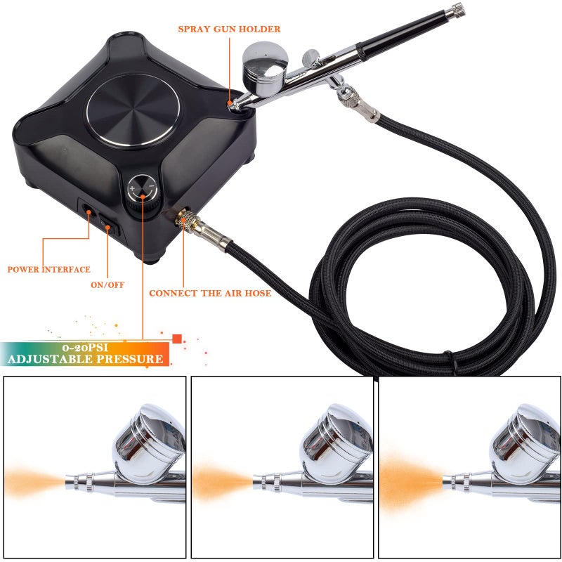 Orcair طقم رش هواء أوركاير القوي 40PSI مع خرج قابل للتعديل، مجموعة ضاغط رش هواء متعددة الوظائف ذات عمل مزدوج للرسم، المكياج، الزينة، فن الحرف، رسم النماذج، الوشم - Image 5