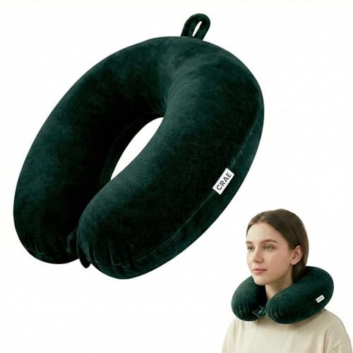 CRAE Travel Neck Pillow for Men & Women | Soft Fibre Cushion for Flight, Car & Train | Soft Velvet Fabric with Attachable Snap Strap | Cervical Support for Neck Pain Relief.Pack of 1(Bottle Grn) - Image 1