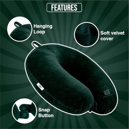 CRAE Travel Neck Pillow for Men & Women | Soft Fibre Cushion for Flight, Car & Train | Soft Velvet Fabric with Attachable Snap Strap | Cervical Support for Neck Pain Relief.Pack of 1(Bottle Grn) - Image 3