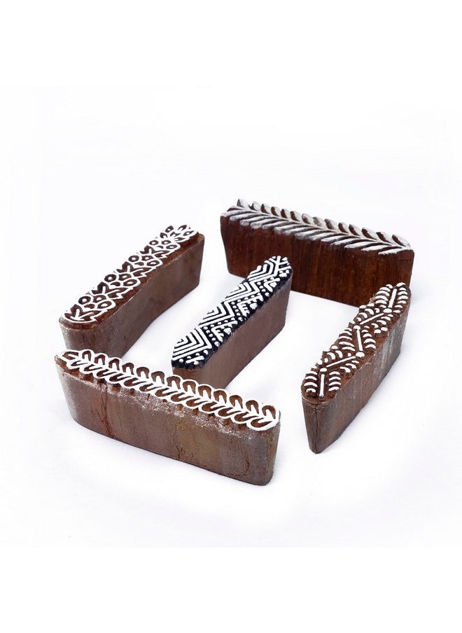 Hashcart Hashcart (Set of 5) Wooden Creative Border Pattern Fabric Stamps Printing Blocks - Finger Printing Blocks for Saree Border, Heena Printing, Textile Printing  - Image 1