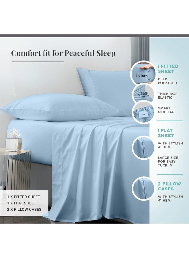 RV Short Queen Sheets Sets 60 x 75 - 4 Piece RV Sheets Set- Hotel Luxury Short Queen Sheets for RV Camper- 600 Thread Count- 16" Deep Pocket Fitted Sheet- Soft Cotton RV Bed Sheets Sets - Light Blue  - Image 3
