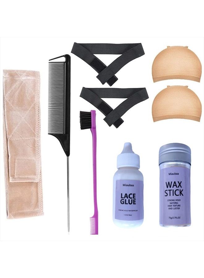 Miaubaa Wig Glue for Front Lace Wig, Wig Glue with Tools for Wigs, Hair Wax Stick, Rat Tail Combs, Elastic Band for Wigs Melting Lace, Wig Kit for Lace Front Wigs for Beginners with Glue 8 PCs - Image 1