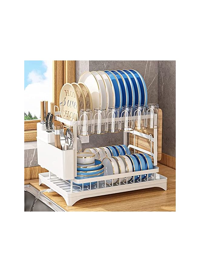 Moonmen Drying Stand With Drainer 2Tier Large Kitchen Counter Dish Rack With Detachable Cutting Board Holder Utensil Holder And Cup Holder Baking Paint Process Coatings Dish Drainer (White)  - Image 2
