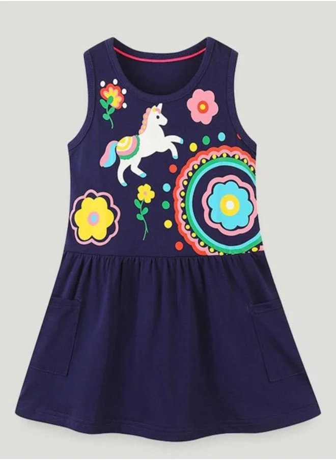 YUNIQEE Navy Blue A-Line Crew Neck Printed Dress