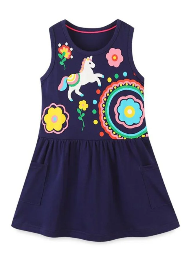 YUNIQEE Navy Blue A-Line Crew Neck Printed Dress