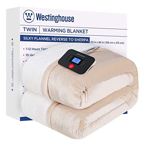 Westinghouse Electric Blanket Twin, Heated Blanket Twin Size with 10 Heating Levels and 1 to 12 Hours Heating Time Settings, Flannel to Sherpa Reversible, Machine Washable (62" x 84", Beige) - Image 1