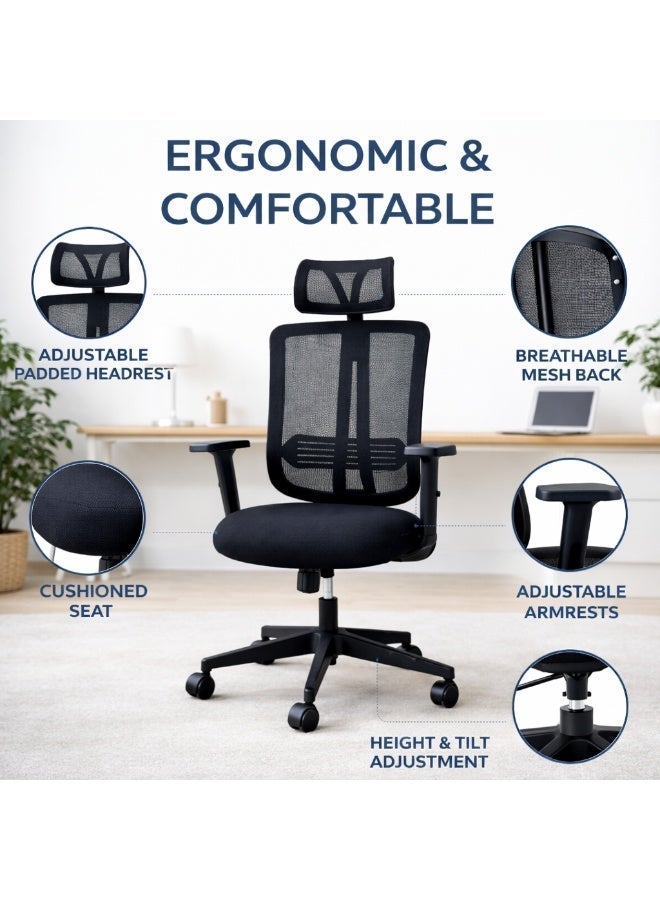 Furalux Ergonomic High Back Mesh Office Chair with Adjustable Headrest & Lumbar Support, Height & Tilt Control, 360° Swivel Computer Desk Chair with Breathable Back & Padded Seat – Black - Image 2