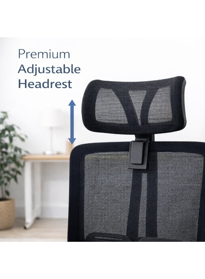 Furalux Ergonomic High Back Mesh Office Chair with Adjustable Headrest & Lumbar Support, Height & Tilt Control, 360° Swivel Computer Desk Chair with Breathable Back & Padded Seat – Black - Image 4
