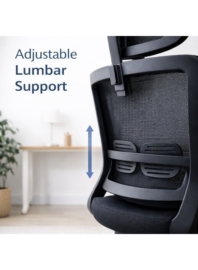 Furalux Ergonomic High Back Mesh Office Chair with Adjustable Headrest & Lumbar Support, Height & Tilt Control, 360° Swivel Computer Desk Chair with Breathable Back & Padded Seat – Black - Image 3