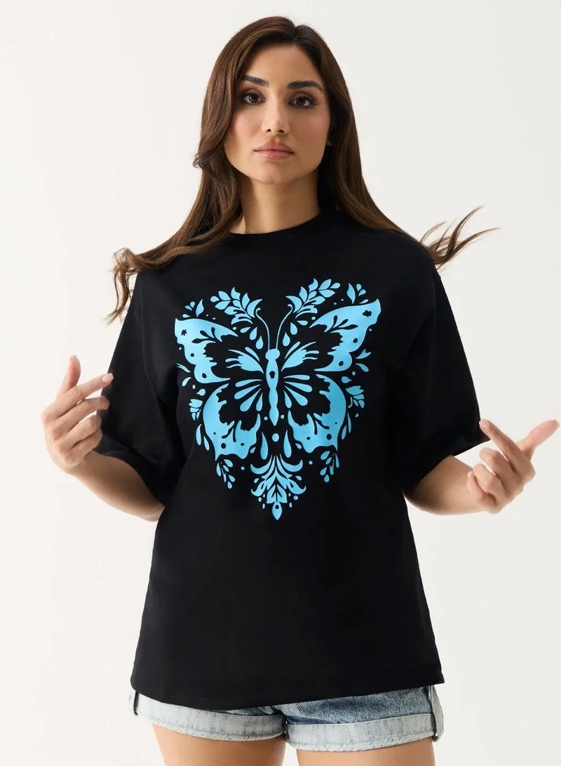 Zigzag Blue Butterfly Printed T-shirt