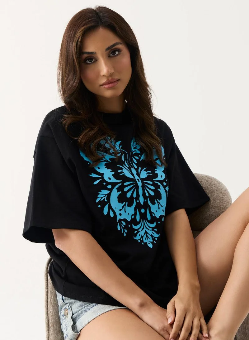 Zigzag Blue Butterfly Printed T-shirt
