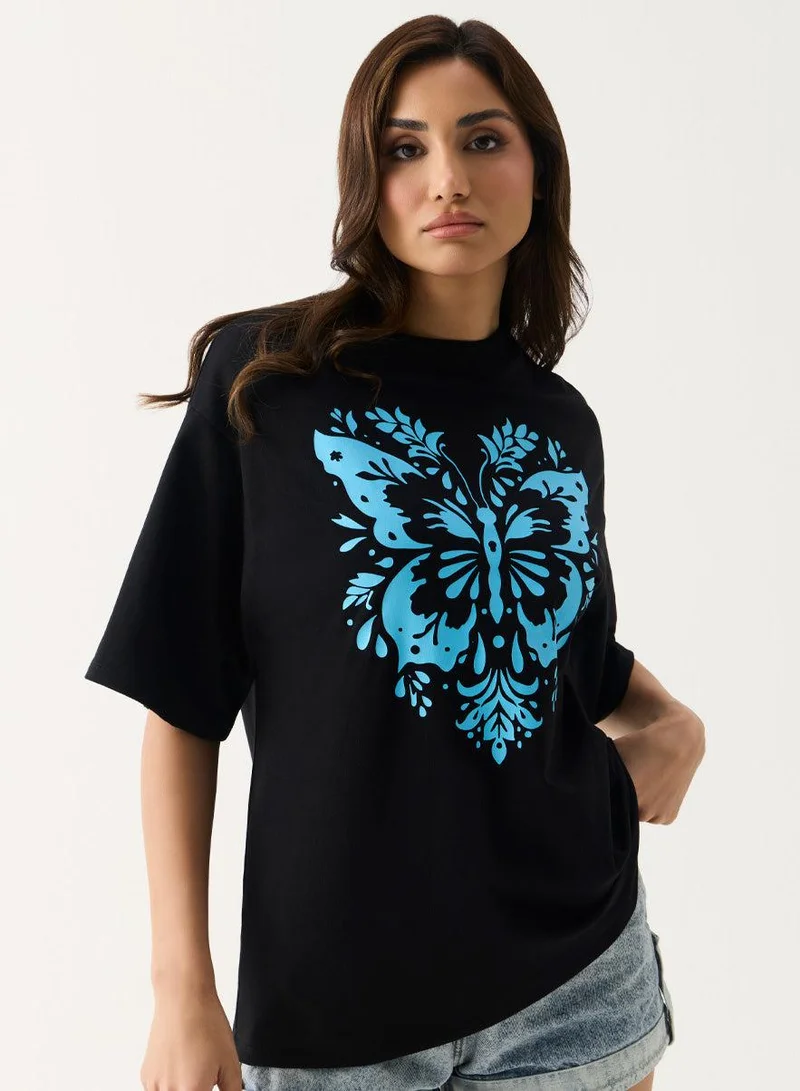 Zigzag Blue Butterfly Printed T-shirt