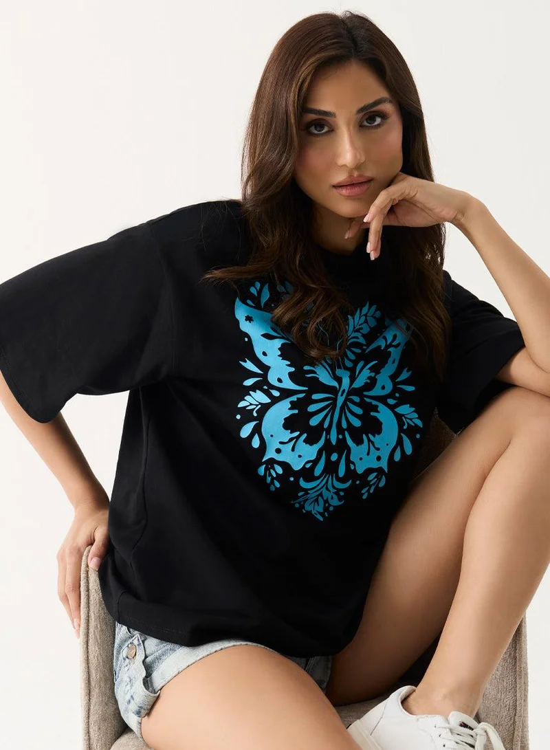 Zigzag  Blue Butterfly Printed T-shirt for Women | Best Price UAE