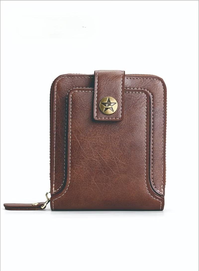 Generic Men's Short Wallet European and American Fashion Retro Multifunctional Wallet Zipper Buckle Card Holder Brown  - Image 1