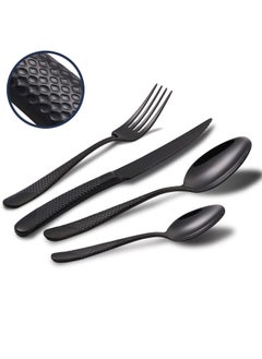 Hammered Silverware Set, 4 Piece Modern Black 18 Or 10 Stainless Steel Flatware Set With Forks Spoons And Knives, Unique Metal Cutlery Sets For Home Restaurant, Mirror Polished And Dishwasher Safe