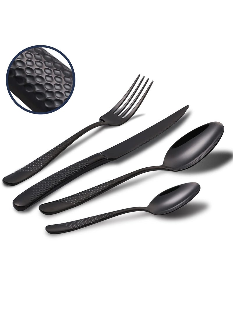 Excefore - Hammered Silverware Set, 4 Piece Modern Black 18 Or 10 Stainless Steel Flatware Set With Forks Spoons And Knives, Unique Metal Cutlery Sets For Home Restaurant, Mirror Polished And Dishwasher Safe - Image 1