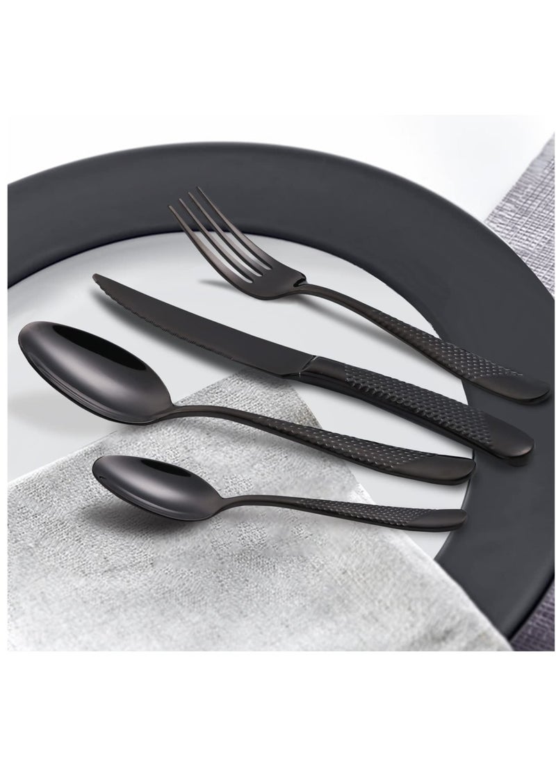 Excefore - Hammered Silverware Set, 4 Piece Modern Black 18 Or 10 Stainless Steel Flatware Set With Forks Spoons And Knives, Unique Metal Cutlery Sets For Home Restaurant, Mirror Polished And Dishwasher Safe - Image 1
