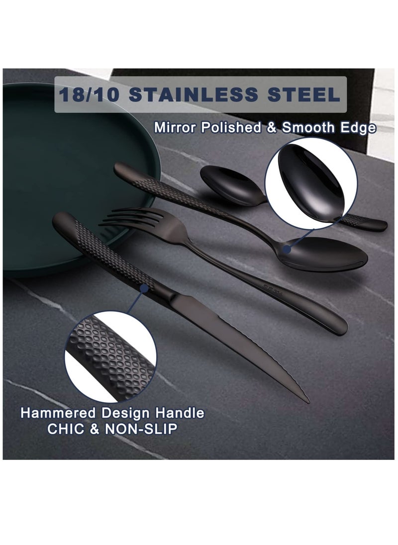 Excefore - Hammered Silverware Set, 4 Piece Modern Black 18 Or 10 Stainless Steel Flatware Set With Forks Spoons And Knives, Unique Metal Cutlery Sets For Home Restaurant, Mirror Polished And Dishwasher Safe - Image 1