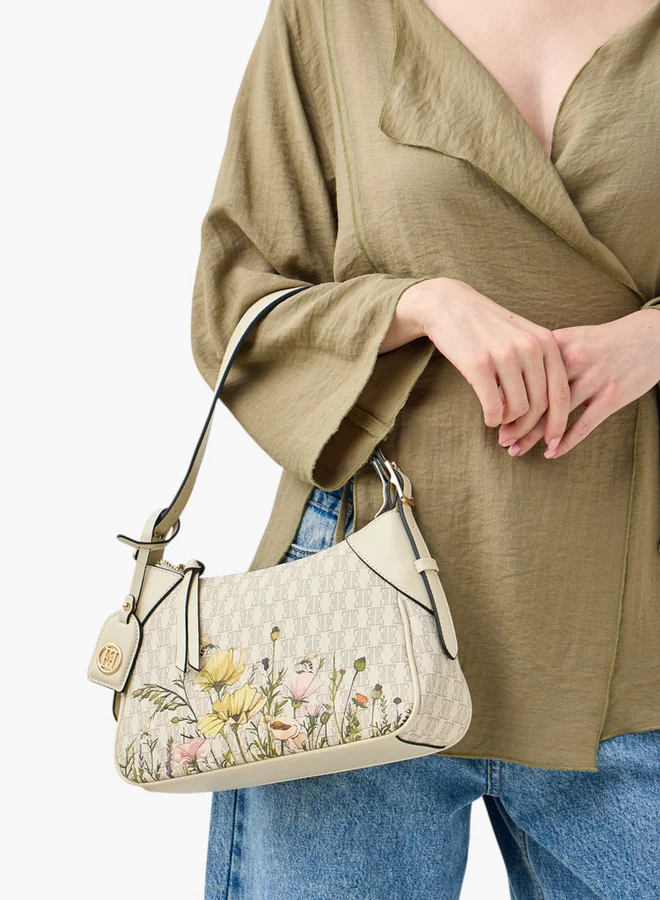 ELLE Monogram Print Shoulder Bag with Zip Closure