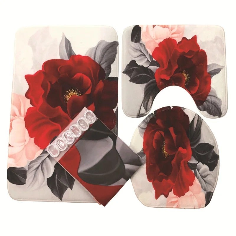 Y&D ized Printed 3D Rose Flowers Waterproof Bathroom Shower Curtain Sets 4 PCS Fabric Rugs Elegant Durable Bathroom Accessory - Image 3
