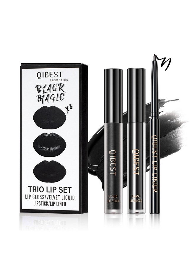 QIUFSSE قلم تحديد الشفاه الأسود 3 في 1 ومجموعة أحمر الشفاه وملمع الشفاه أحمر شفاه أسود غير لامع مجموعة ملمع الشفاه طويلة الأمد غير لاصقة مقاومة للتلطخ مع قلم تحديد الشفاه مكياج غوث مخملي (12 سحر أسود) - Image 1
