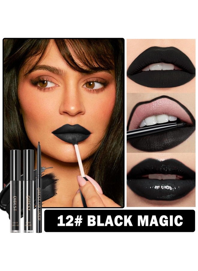 QIUFSSE قلم تحديد الشفاه الأسود 3 في 1 ومجموعة أحمر الشفاه وملمع الشفاه أحمر شفاه أسود غير لامع مجموعة ملمع الشفاه طويلة الأمد غير لاصقة مقاومة للتلطخ مع قلم تحديد الشفاه مكياج غوث مخملي (12 سحر أسود) - Image 2