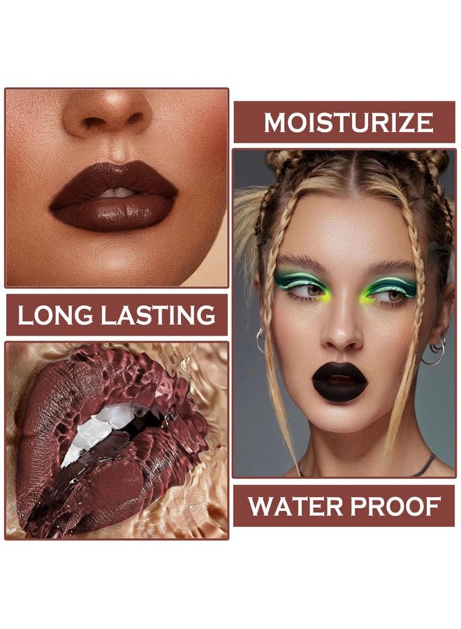 QIUFSSE قلم تحديد الشفاه الأسود 3 في 1 ومجموعة أحمر الشفاه وملمع الشفاه أحمر شفاه أسود غير لامع مجموعة ملمع الشفاه طويلة الأمد غير لاصقة مقاومة للتلطخ مع قلم تحديد الشفاه مكياج غوث مخملي (12 سحر أسود) - Image 4