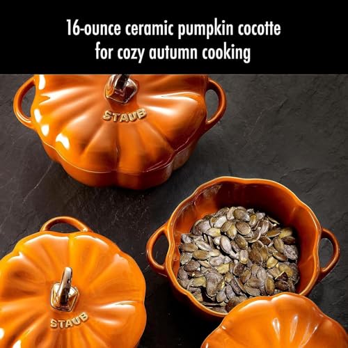STAUB Ceramic 0.75-qt Petite Pumpkin, Oven & Stove Safe up to 572°F, Pumpkin Dish, Baking Candy Burnt Orange - Image 2