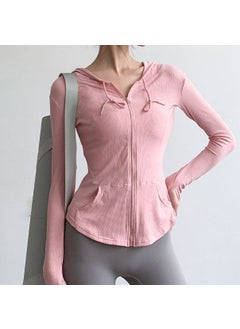 Womens Spring Autumn New Slimming Yoga Suit Sport Hooded Zipper Top Casual Fitness Jacket Long Sleeve Quick Dry Slimming Pink
