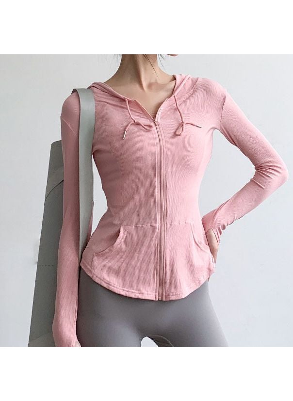 Generic - Womens Spring Autumn New Slimming Yoga Suit Sport Hooded Zipper Top Casual Fitness Jacket Long Sleeve Quick Dry Slimming Pink - Image 1