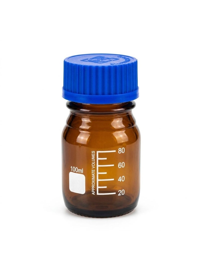 Protect Amber Brown Glass Graduated Acid Reagent Bottle autoclavable with Blue Cap GL45 (100ml) - Image 1