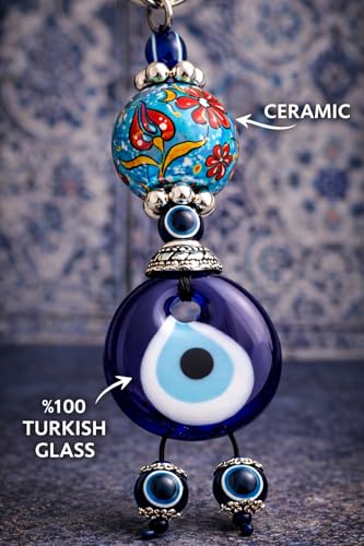 Erbulus Turkish Blue Evil Eye Keychain with Flower Patterned Ceramic Ball - Gift for Men or Women Set of 3 (Ceramic) - Image 4