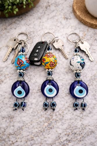 Erbulus Turkish Blue Evil Eye Keychain with Flower Patterned Ceramic Ball - Gift for Men or Women Set of 3 (Ceramic) - Image 3