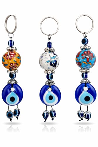 Erbulus Turkish Blue Evil Eye Keychain with Flower Patterned Ceramic Ball - Gift for Men or Women Set of 3 (Ceramic) - Image 1