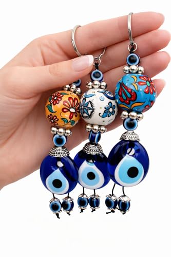 Erbulus Turkish Blue Evil Eye Keychain with Flower Patterned Ceramic Ball - Gift for Men or Women Set of 3 (Ceramic) - Image 2