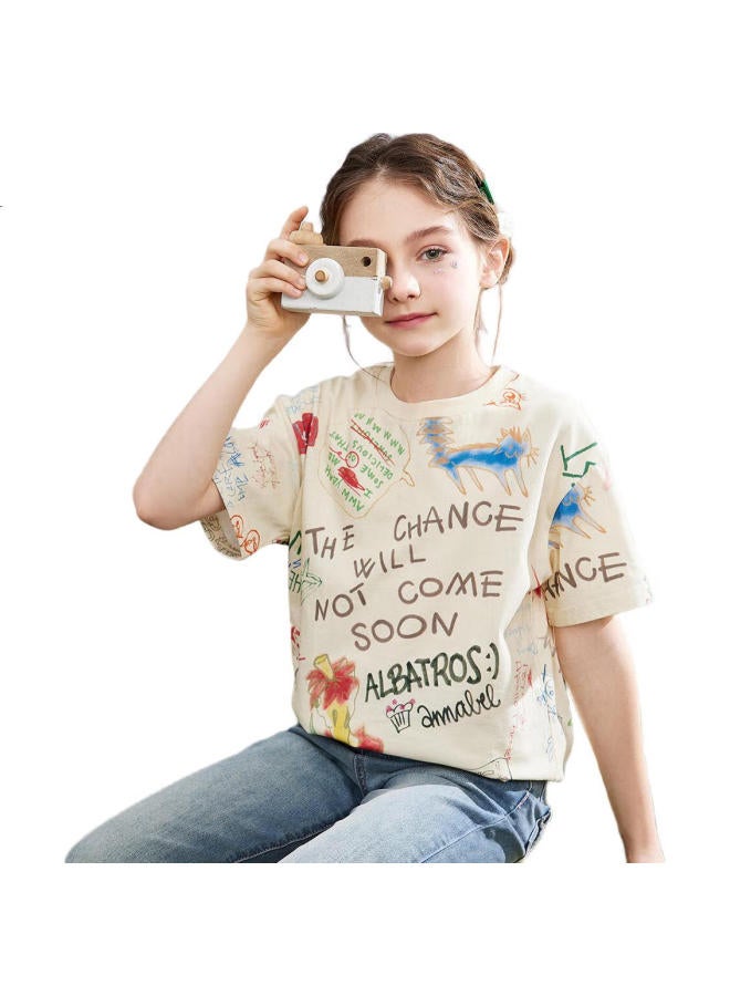 Ask Junior Girls' Summer Thin Graffiti Letter Short-Sleeve T-Shirt, Trendy Versatile Round Neck Children'S Clothing For Girls, Floral Pattern, Size 160 - Image 2