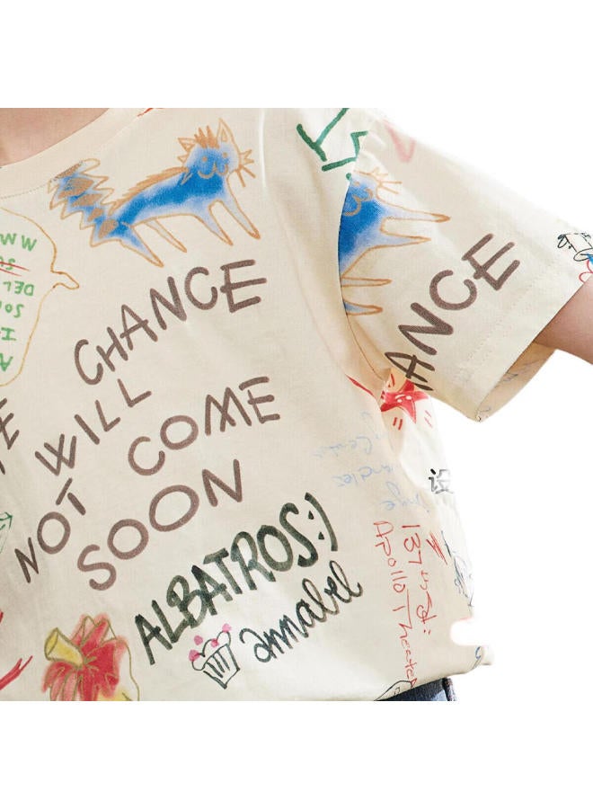 Ask Junior Girls' Summer Thin Graffiti Letter Short-Sleeve T-Shirt, Trendy Versatile Round Neck Children'S Clothing For Girls, Floral Pattern, Size 160 - Image 3